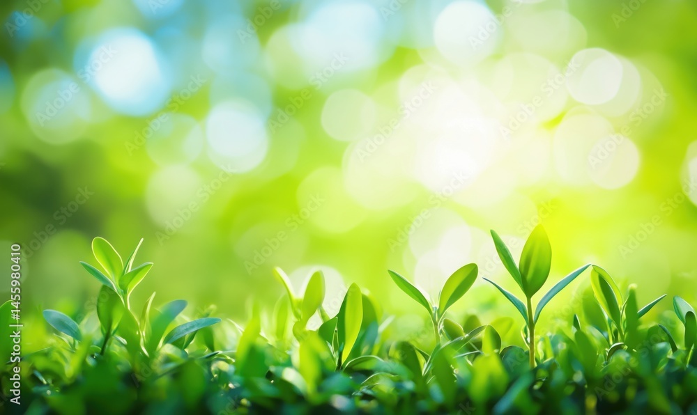 Poster fresh green leaves with soft bokeh background representing nature and growth