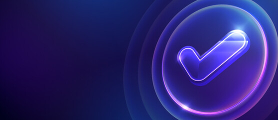 Glowing futuristic checkmark icon on abstract tech background © Matakeris Creative