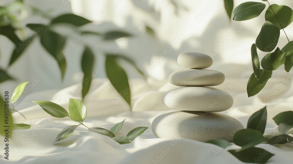 Poster balanced stones in serene setting with green leaves and soft fabric background