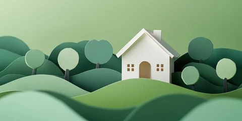 Fototapete Rund Paper cutout house surrounded by green hills and trees in a serene landscape © Vergiliy