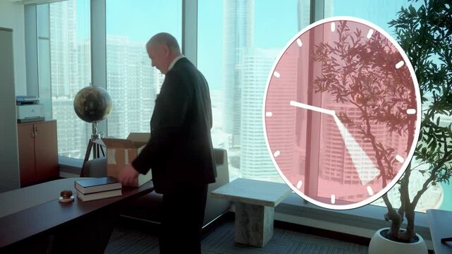 Senior man on the last day of work before retiring and pension; packs up a box and leaves his office with sadness and nostalgia - animated clock shows time passing quickly