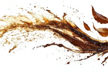 Brown liquid splashes and drops on white background, with dried leaves