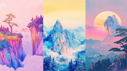 Pastel colored landscape vista with floating islands and mountains.