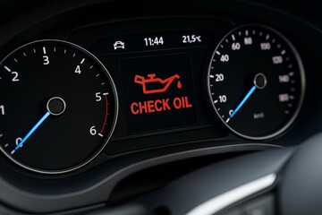 Close-up of car dashboard showing red CHECK OIL warning light and speedometer display.