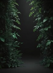 Deep emerald leaves, tangled vines, shadowy black background  Lush, mysterious jungle scene ,  shadows,  intricate