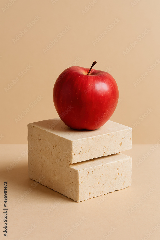 Poster fresh red apple with shiny surface sits on beige textured stone block, creating simple and natural s