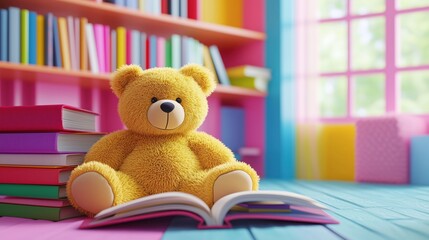 Cute yellow teddy bear sitting on open book in colorful children's room