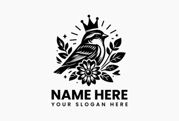Obraz premium Antique sparrow perched on a rose-wrapped crown, vintage vector emblem for tea houses and stationery 