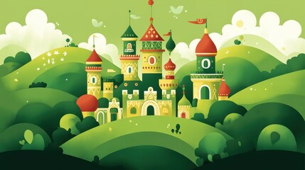 Enchanted pixelated kingdom nestled among verdant rolling hills a fairytale backdrop suitable for children's books or digital art projects