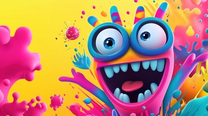 Obraz premium Colorful cartoon monster character with vibrant splashes and playful expression