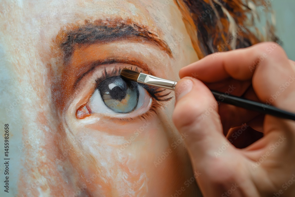 Aufkleber close up view of a painter's hand meticulously adding final details to the eye of a portrait with a 