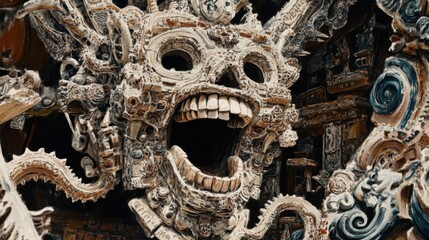 Fototapeta premium Ancient stone sculpted grotesque face detailed architecture captivating temple carving artistic legacy eternal heritage spiritual sculpture