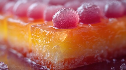 Close-up of a dessert square with a glossy orange surface and pink toppings.
