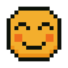 A cheerful pixel art emoji face with closed smiling eyes and red blushing cheeks on white background. Designed in retro 8-bit style, this cute emoticon is perfect for messaging, digital stickers, game