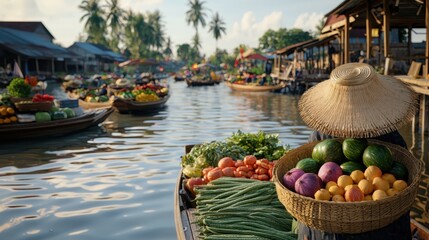 Obraz premium Vibrant Floating Market in Thailand Showcasing Colorful Fruits and Vegetables on Water