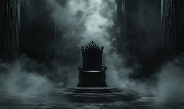 Mysterious dark throne surrounded by fog in an eerie atmosphere