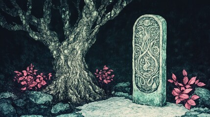 Solemn remembrance stone nestled beneath timeless tree in peaceful graveyard setting for contemplation and memory concept