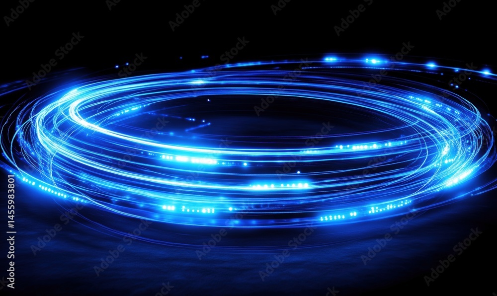 Poster glowing blue light trails creating dynamic circular patterns in dark background