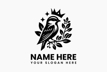 Antique sparrow perched on a rose-wrapped crown, vintage vector emblem for tea houses and stationery  