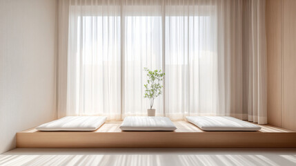 Window seat with white linen curtains, sunlight streaming in, creating a serene and cozy atmosphere. Perfect for relaxation and tranquility. 