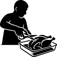 Silhouette Of Person Carving Roasted Turkey In A Pan Using Scissors With Skill And Precision