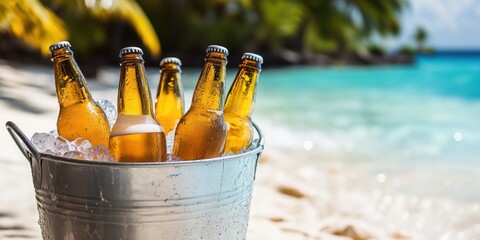 Chilled beer bottles in ice bucket on tropical beach with clear blue water