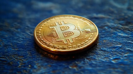 Close-up view of a golden bitcoin digital currency.