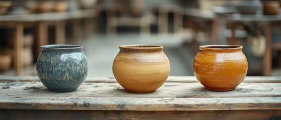 Three rustic ceramic pots sit on a wooden table, showcasing artisan craftsmanship and a timeless design.