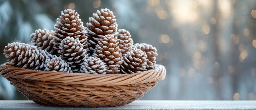 Pine cones covered in snow fill wicker basket, displayed against wintery bokeh background with soft lighting.