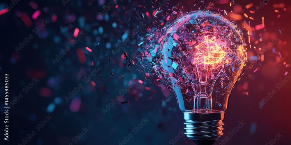 Poster exploding light bulb with vibrant colors and dynamic particles in dark background