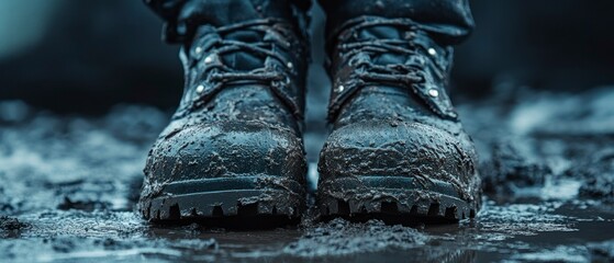 Work boots stand covered completely in mud, indicating rigorous activity or challenging terrain.