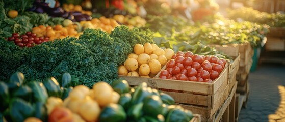 Fresh produce displays array of colorful vegetables and fruits stacked in rustic wooden crates under warm sunlight.