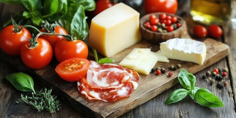 Fresh ingredients for Italian cuisine featuring tomatoes, cheese, and cured meats