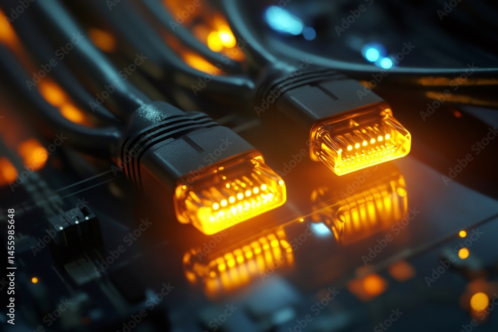 Poster close up view of glowing ethernet cables connecting to a motherboard, actively transmitting data and