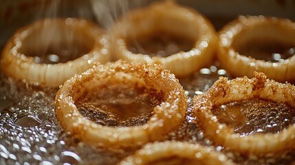 Close up of frying onion rings in hot oil