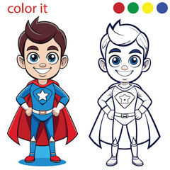 Superman coloring book page with color concept for kids. Adobe Illustrator Artwork. 