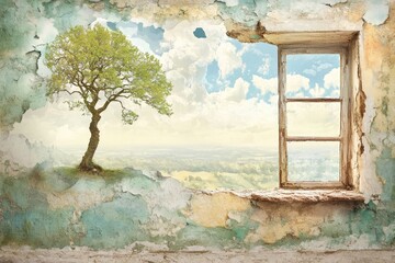 A weathered window frame reveals a serene landscape with a lone tree