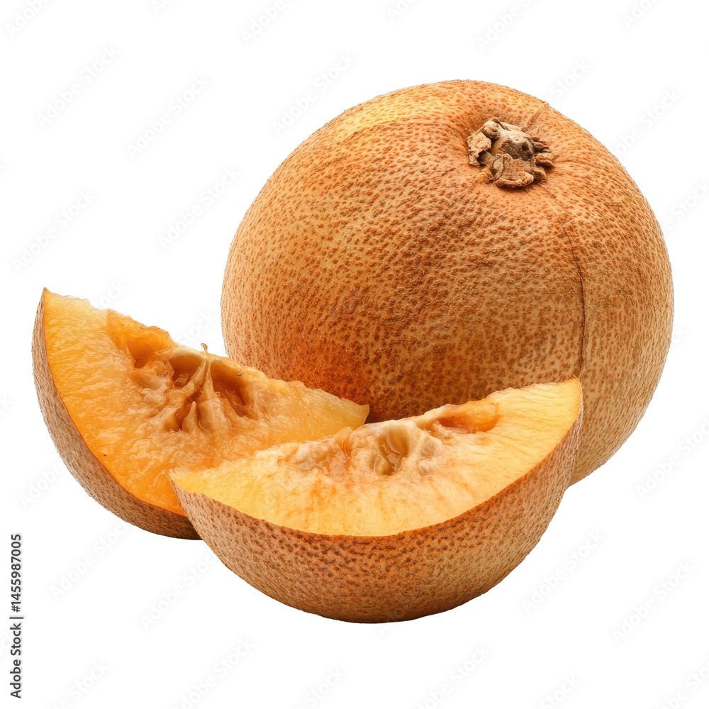 Poster fresh cantaloupe slices on display with whole melon, showcasing vibrant color and texture at a summe