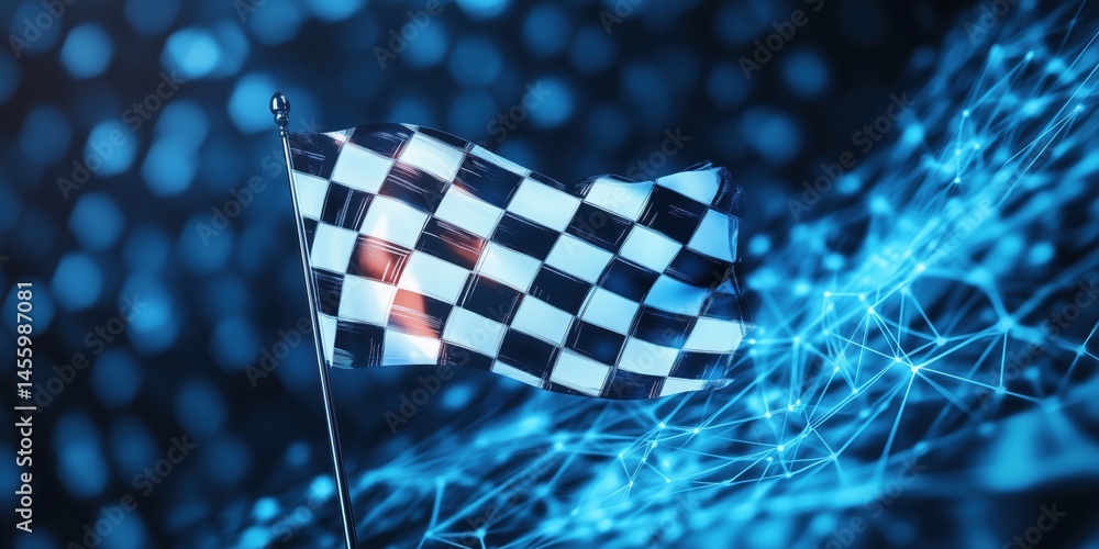 Poster checkered flag waving in digital blue background with abstract network design
