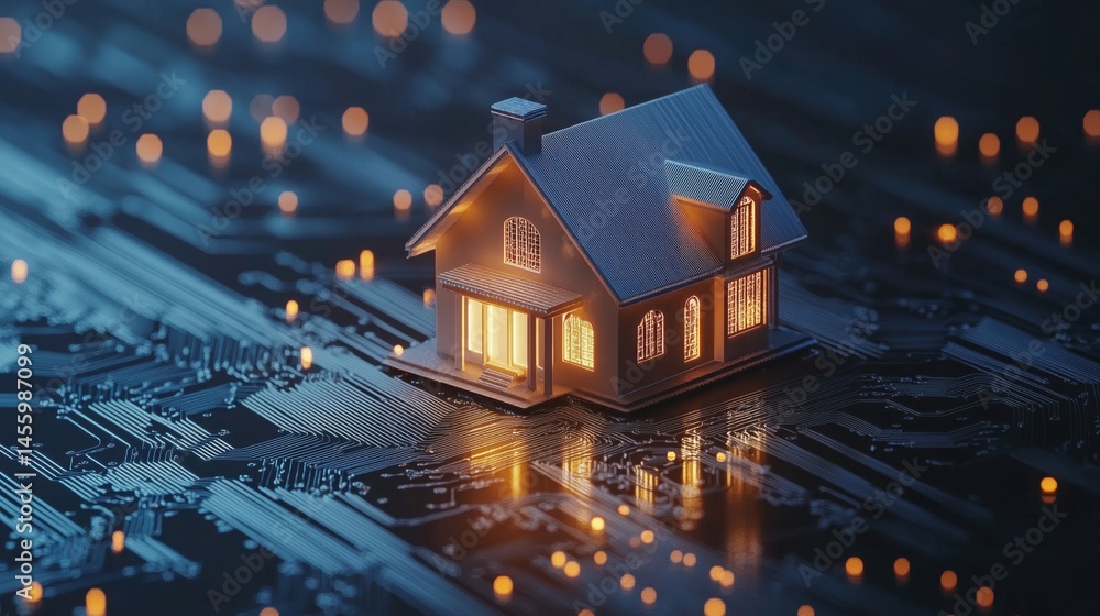 Aufkleber digital home model illuminated on circuit board with glowing lights and reflections