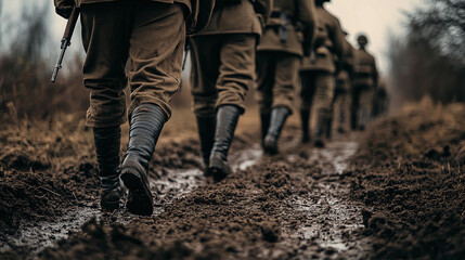 Soldiers walking on a battle field