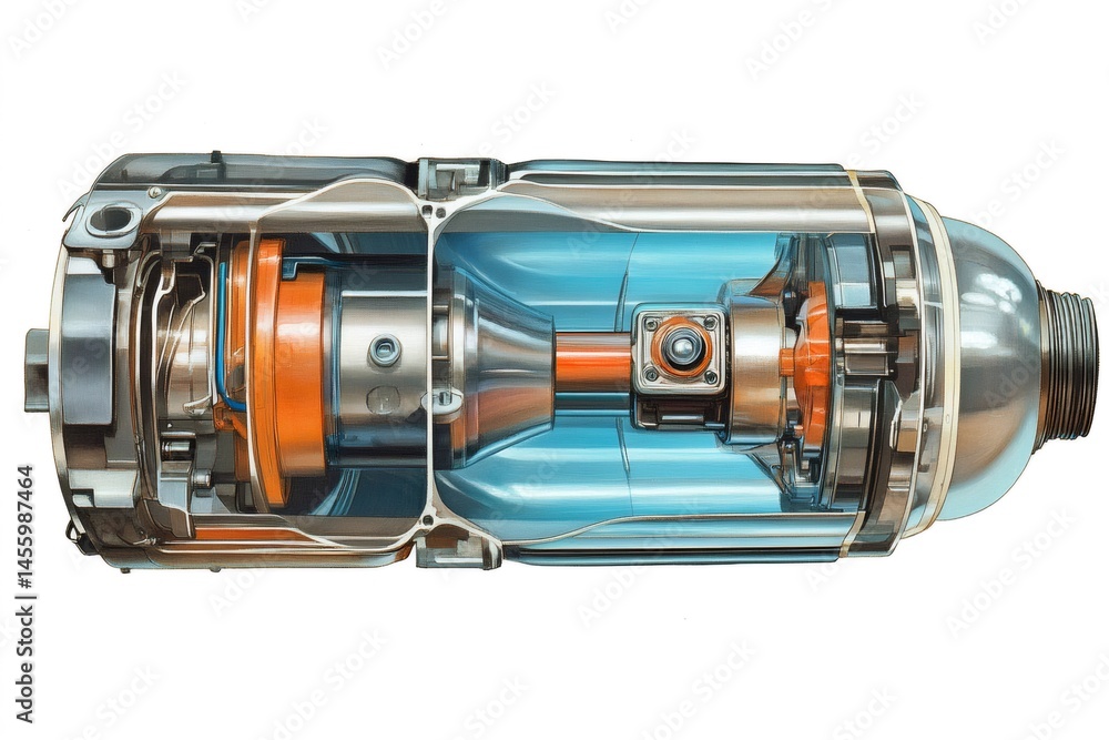Poster cross section of hydraulic accumulator showing internal mechanical and fluid components, ideal for i
