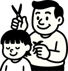Cartoon Illustration Depicting A Barber Giving A Child A Haircut With Scissors In A Shop Setting