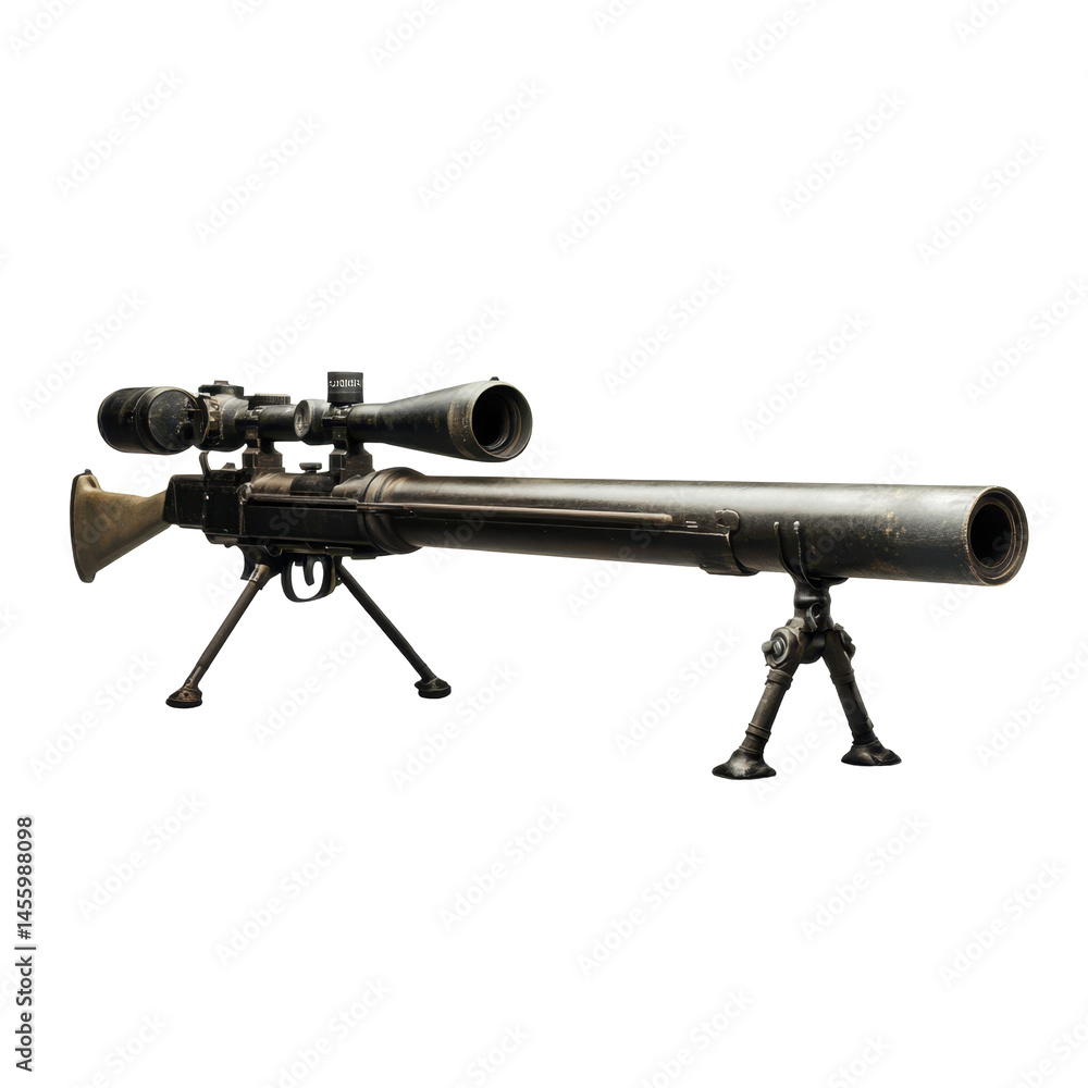 Poster military sniper rifle with scope displayed on a stand showcasing advanced weaponry design and functi