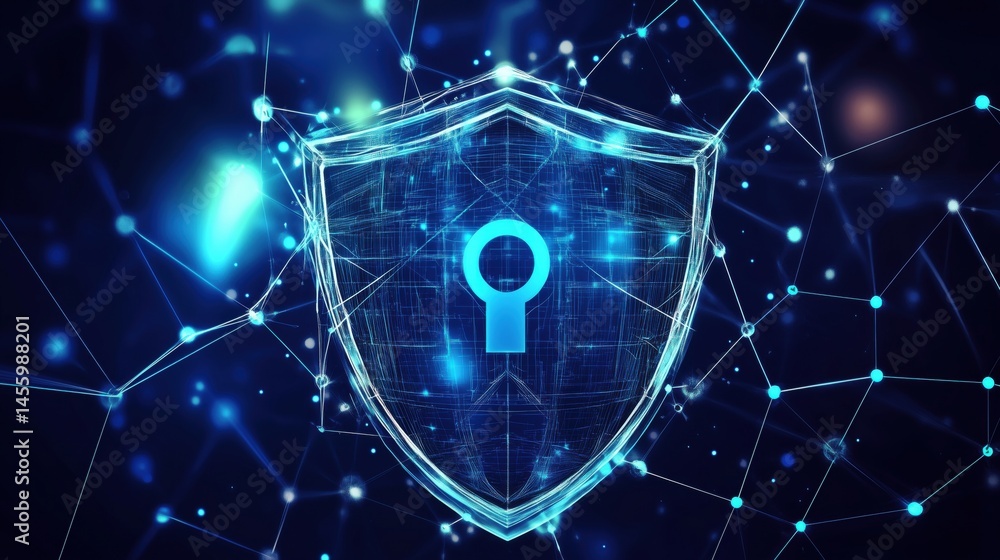 Poster digital security shield with keyhole symbol representing cybersecurity and data protection