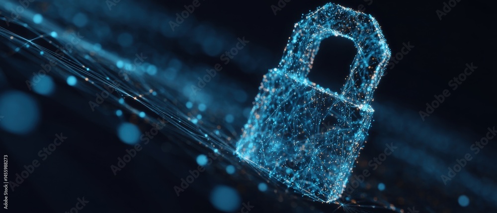 Poster digital padlock surrounded by glowing particles, symbolizing cybersecurity and data protection in a 