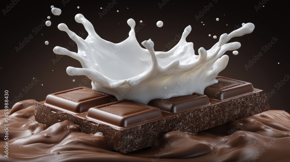 Poster a splash of milk over a rich chocolate bar, creating a dynamic and appetizing visual of indulgence a