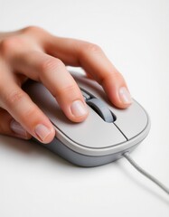 Close-up of hand operating ergonomic computer mouse device.