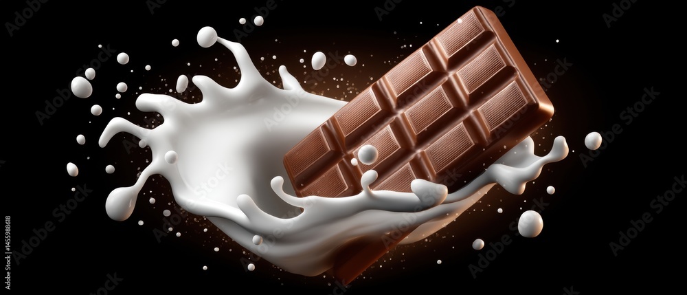 Poster a chocolate bar splashes into a pool of milk, creating dynamic movement and a rich, indulgent visual