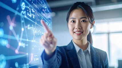 Professional woman in office pointing at digital screen with mathematical formula and graph, showcasing technology and business focus confidently - Powered by Adobe
